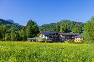 ein Haus auf einem Grasfeld mit Bergen im Hintergrund in der Unterkunft Ferienwohnungen Weiherbach - Hallenbad mit und ohne Frühstück in Berchtesgaden