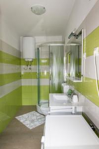 uma casa de banho com uma banheira, um lavatório e um chuveiro em Vila Dane em Sežana