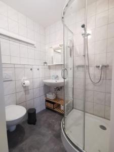 a bathroom with a shower and a toilet and a sink at Appartement direkt am Fluss Nähe Zentrum in Coburg +32 photos