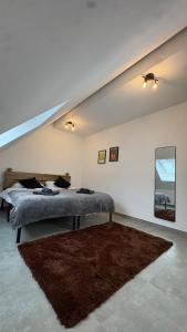 a bedroom with a bed and a rug at Vollausgestattetes & harmonisches Wohlfühl Apartment in Saarbrücken