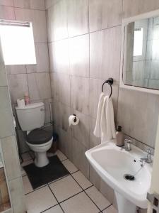 un baño con inodoro y lavabo en Falcon Nest, en Kenton on Sea