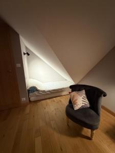 a room with a chair and a bed in an attic at Chambre Solognote in Saint-Pryvé-Saint-Mesmin