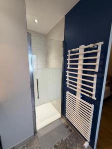 a shower in a bathroom with a blue wall at Chambre Solognote in Saint-Pryvé-Saint-Mesmin +6 photos