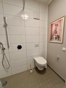 a bathroom with a toilet and a shower at Zentral und Stilvoll Nahe Kurpark und Bali Therme in Bad Oeynhausen