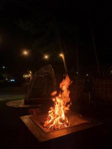 a fire in front of a tent at night at Taean Lily Pension in Taean