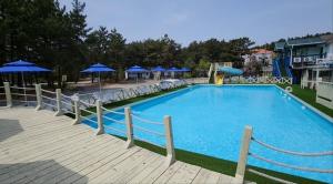 a large blue swimming pool with blue umbrellas at Taean Lily Pension in Taean