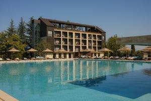 un hotel con una gran piscina con sillas y sombrillas en Hotel Meteo Kakheti, en Ruispiri