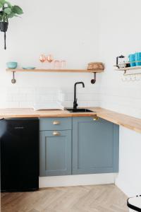 a kitchen with blue cabinets and a sink at Seaview Surf Studios in Newquay