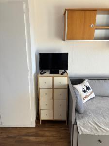 a bedroom with a bed and a tv on a dresser at Le cocon du Canigou in Font-Romeu