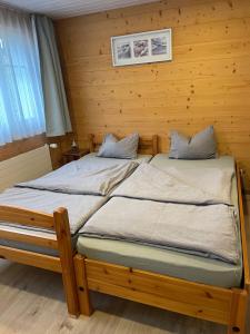 two twin beds in a room with wooden walls at Bijou 1 Hübsche 1 Zimmer Wohnung in Herisau