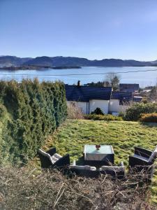 a table and chairs in a field with a body of water at Prekestolen, Pulpit Rock in Strand