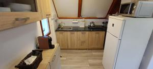 a kitchen with a white refrigerator and a sink at Chata Wellness Březka in Libuň