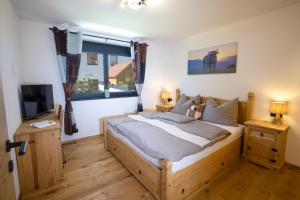 een slaapkamer met een groot bed en een tv bij Bichler's Alpennest in Maurach
