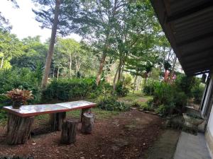a bench sitting on logs in a garden at ภูริรักษ์ โฮมสเตย์ in Ban Pha Saeng Lang