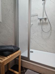 a bathroom with a shower with a white bath tub at Ferienwohnung Lang in Königsfeld