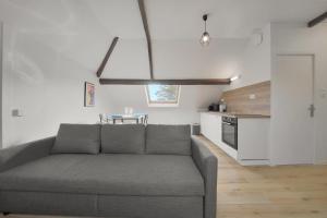 a living room with a couch and a kitchen at Dentelle in Caudry