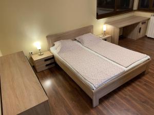 a bedroom with a bed and two lights on two tables at Cinema house at Sofia center in Sofia