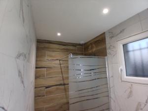 a bathroom with a shower with a television on the wall at La pause enchantee in Villarcoin +3 photos