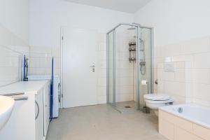 a bathroom with a shower and a toilet and a sink at Ferienwohnungen Meerzeit in Burhave