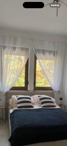 a bedroom with a large bed with two windows at Biała Fala apartamenty nad jeziorem in Sława