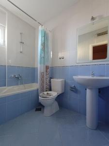 une salle de bain bleue et blanche avec des toilettes et un lavabo dans l'établissement Apartment natalia, à Podgora