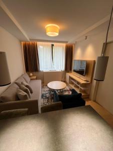 a living room with a couch and a table at Zep Promenade Spa Apartment in Vrnjačka Banja
