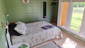 1 dormitorio con 1 cama en una habitación verde con ventana en Hubane majake Setomaa looduses, en Leimani 5 fotos más