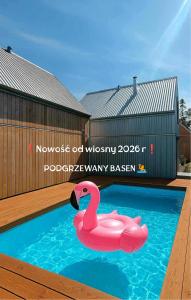 a pink swan float in a swimming pool at Domki Płyniewoda - całoroczne domy PREMIUM, basen, klimatyzacja, kominek in Dziwnów