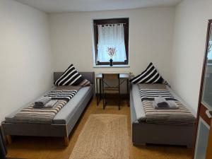 two beds in a room with a table and a window at ARCOS Apartment - Geräumige 3-Zimmer-Wohnung mit 8 Einzelbetten - Perfekt für Familien, Gruppen oder Monteure in Kappel-Grafenhausen