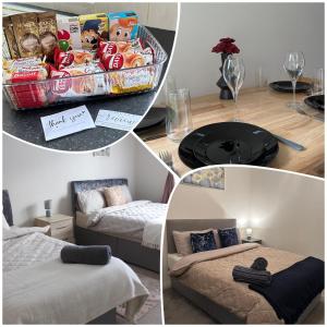 a collage of pictures of a room with a bed and a table at Luxe Entire 3 Bed Home - LHR 15 mins - London City 35 mins in Denham