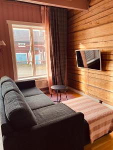 Una sala de estar con un sofá y un televisor de pantalla plana. en Gästis Lodge Vemdalen, en Vemdalen