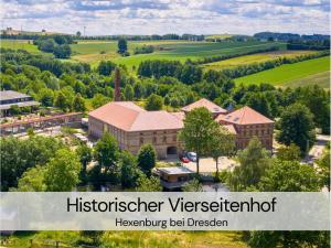 an aerial view of a school building with the words historian investigator investigator heterophone box at TinyHousebeiDresden klein aber fein, beste Alleinlage direkt am Naturteich, große Terrasse - Nähe Sächsische Schweiz und Dresden in Großharthau