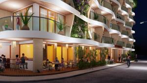 eine architektonische Darstellung eines Gebäudes mit Menschen, die an Tischen sitzen in der Unterkunft Considero Hotels Maldives - Thoddoo in Thoddoo-Atoll