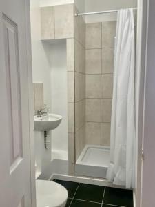 a bathroom with a shower and a toilet and a sink at Harvieston Estate Rooms in Gorebridge