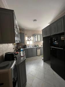 a kitchen with gray cabinets and a black refrigerator at Garden View apartment in Madīnat aţ Ţalāʼi‘