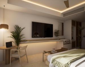 ein Schlafzimmer mit einem Bett und einem Fernseher an der Wand in der Unterkunft Considero Hotels Maldives - Thoddoo in Thoddoo-Atoll