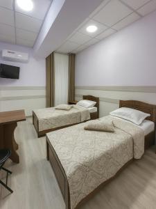 Cette chambre comprend deux lits, un bureau et une télévision. dans l'établissement Hotel Sofia Samarkand, à Samarcande