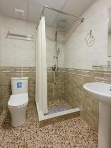 une salle de bain avec une douche, des toilettes et un lavabo dans l'établissement Hotel Sofia Samarkand, à Samarcande