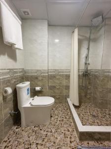 une salle de bain avec toilettes et douche dans l'établissement Hotel Sofia Samarkand, à Samarcande