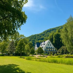 una gran casa blanca con una montaña en el fondo en Hotel Alte Mühle, en Bad Bertrich