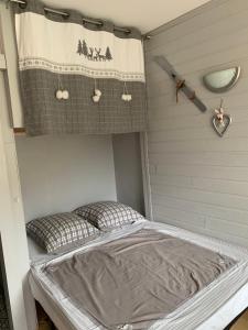 een bed in een kamer met een gordijn erboven bij Avec balcon, au pied des pistes et randos in Villard-de-Lans