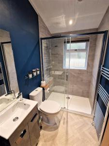 een badkamer met douche, toilet en wastafel bij High Spy Luxury Lodge in Keswick