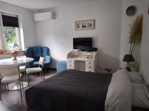 a bedroom with a bed and a table and a television at Bizette67 in Herstal