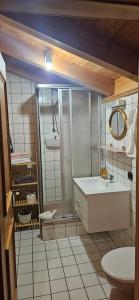 Un baño con lavabo, ducha e inodoro. en Ferienwohnung Wein, en Berchtesgaden