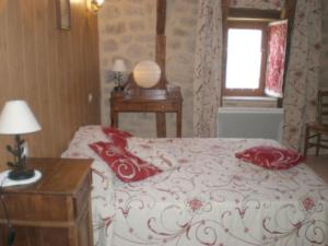 a bedroom with a bed with red pillows on it at Gîte de la Taouyre in Saint-Symphorien-de-Thénières +22 photos