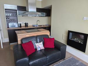 a living room with a black leather couch with red pillows at Seaview Apartment in Aberystwyth