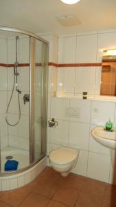 a bathroom with a shower and a toilet and a sink at NB 19 - Ferienwohnung 2 Zimmer Seeblick Grimmershörn in Cuxhaven