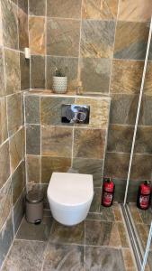 a bathroom with a toilet in a tiled wall at Ferielejlighed IRIS in Sønderborg +12 photos
