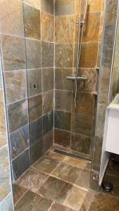 セナボーにあるFerielejlighed IRISの浴室のガラス扉付きシャワー