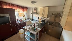 a kitchen with a sink and a refrigerator and a counter at House in Laatzen! contactless check-in in Hannover